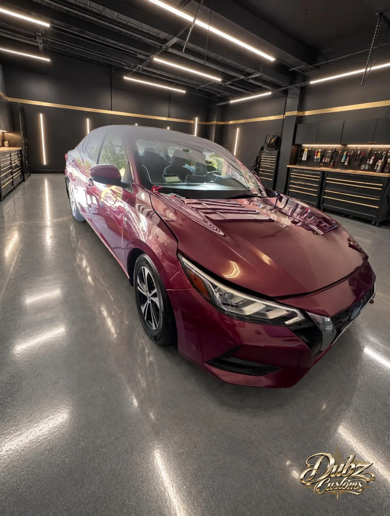 Red 2022 Nissan with the front end fully repaired